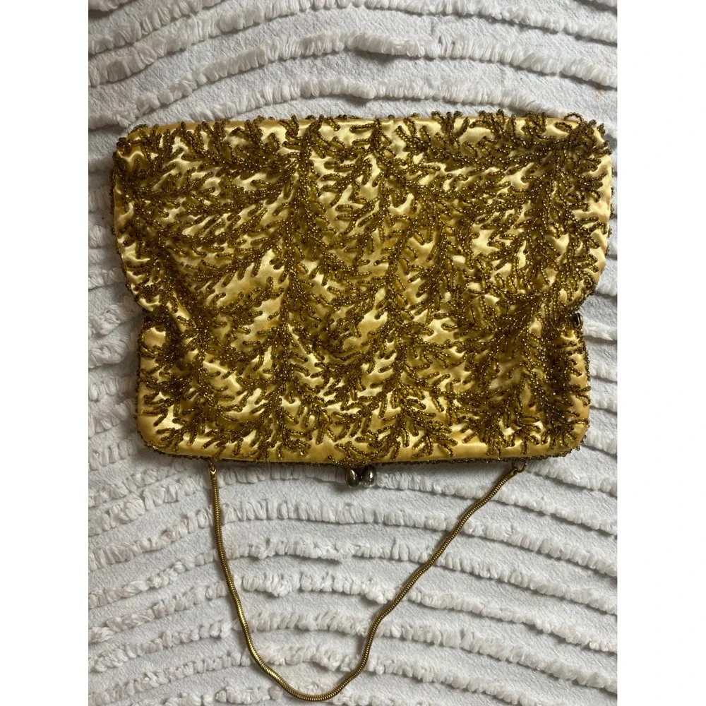 Vintage Gold‎ Hand Beaded Satin Evening Bag Kiss Lock Clutch Hong Kong Made